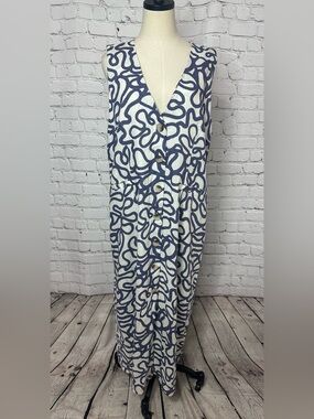 Every XL Linen Rayon Blend Blue White Abstract Button Front Maxi Dress